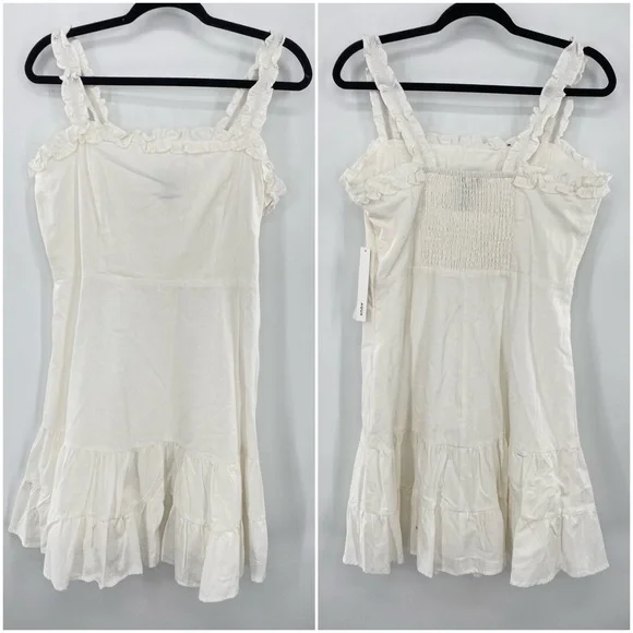 Aqua NWT Ruffled Strap Mini Dress Sleeveless Smocked Linen Blend White Large New - Picture 2 of 13